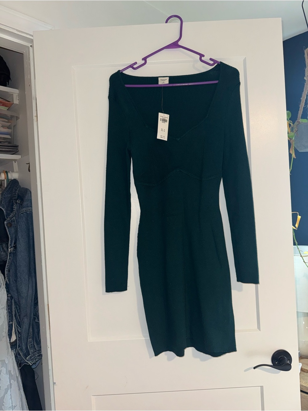 Women's Long-Sleeve Square Neck Ribbed Knit Dress in Green - Picture 2 of 4